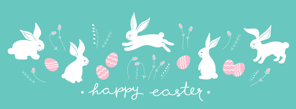 Easter banner decorated with cute white bunnies, flowers and easter eggs. Vector illustration