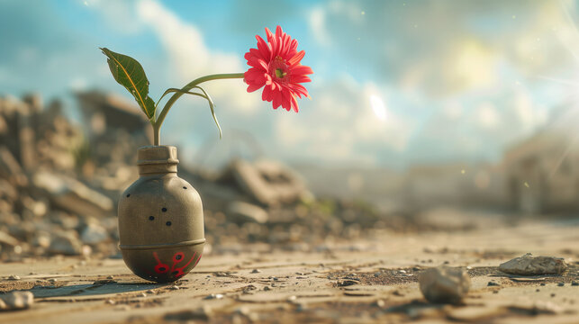 war peace background with glowing red flower from debris, symbol peace and no war