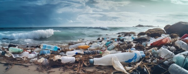 Beach full of plastic bottles and other waste materials. Plastic pollution theme.