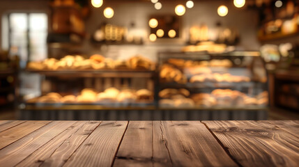 empty wooden table with blurred bakery background