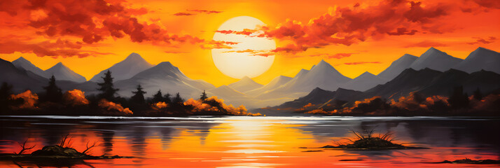 Landscape Acrylic Painting Stock Photo - Brilliant Sunset Over Calm Waters and Mountain Silhouette