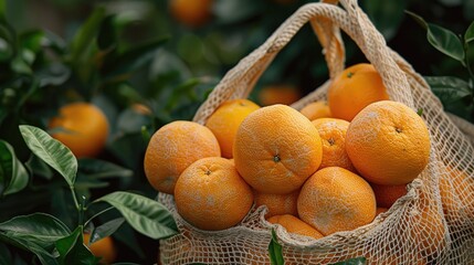 Hand-picked fresh oranges in a mesh tote bag. Generative Ai