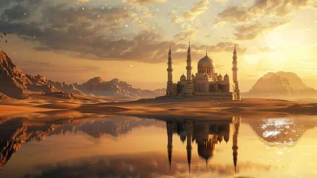 Scene of a mosque by the lake at sunset, animation video looping motion