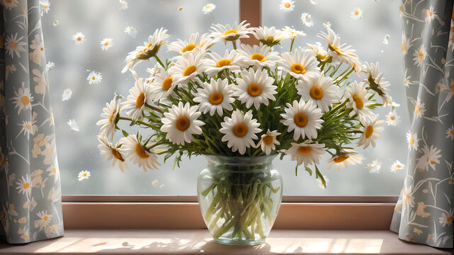image of white daisies in a transparent glass vase on the windowsill in front of the window