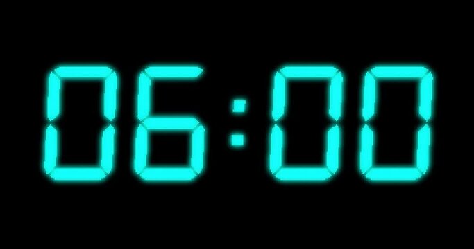 Animation of blue digital clock timer changing on black background