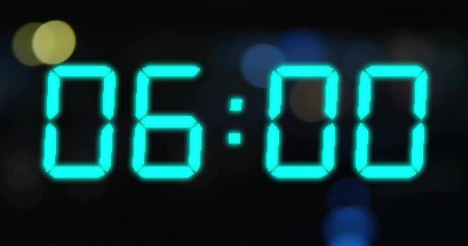 Animation of blue digital clock timer changing on black background
