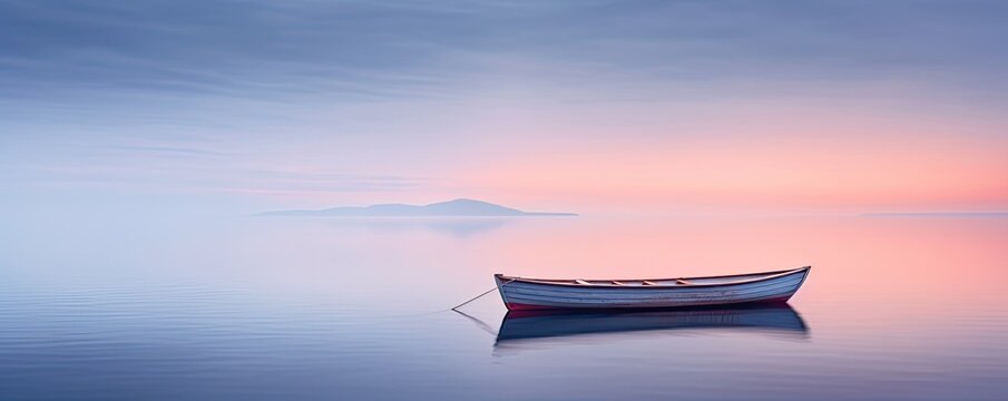 Solitary boat on great foggy lake, long exposure.