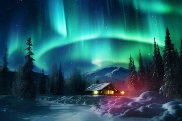 The Northern Lights in all their glory: stars and colorful lights in the sky. A small wooden house under a colored sky.