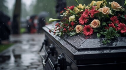 Funeral, coffin with flowers. Rainy day, commemoration, death, memories.  - obrazy, fototapety, plakaty