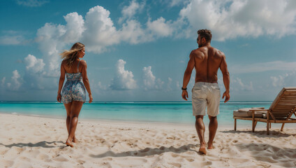 Bellissima coppia sulla spiaggia di un'isola tropicale in una giornata di sole durante una vacanza, luna di miele. - obrazy, fototapety, plakaty