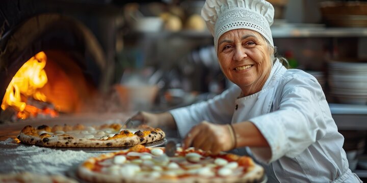 portrait of happy Italian female chef cooking pizza. ai generated