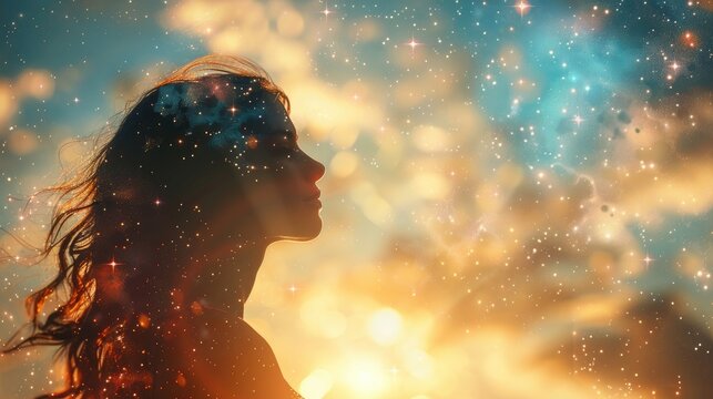 A woman's profile in cosmic silhouette against a star. Generative Ai