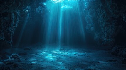 Unidentified submerged cave with beams of light. Generative Ai