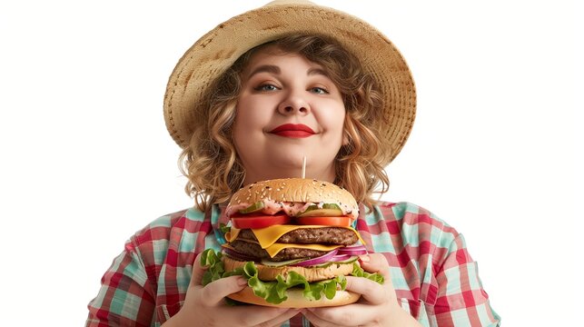 Overweight woman holding big burger, Extra large hamburger on white background