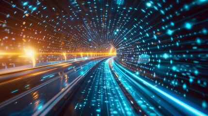 Fototapeta na wymiar High-speed digital data stream flows through virtual blue tunnel, symbolizing cyber progress.