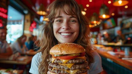 Woman holding big burger, Extra large hamburger