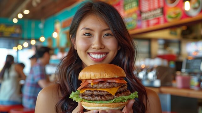 Asian woman holding big burger, Extra large hamburger
