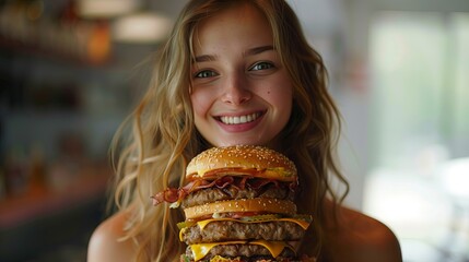 Woman holding big burger, Extra large hamburger on white background