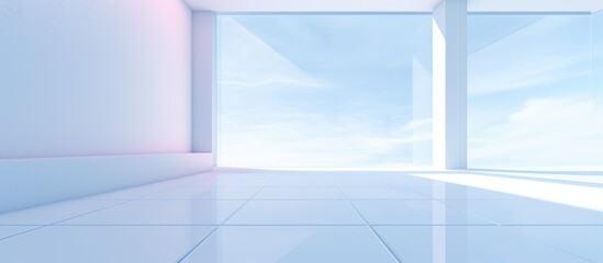 An abstract architectural interior of a minimalist house with white and glass gradient colors. The room is empty, showcasing a sky background through large windows.