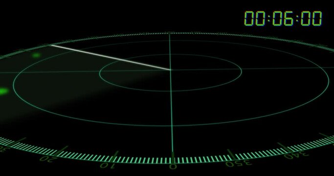 Animation of blue digital clock timer changing over scope on black background