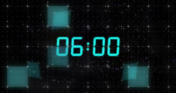 Animation of blue digital clock timer changing over grid on black background