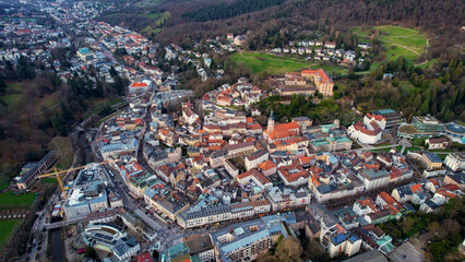 Aerial view around the city Baden-Baden in the winter on a sunny afternoon