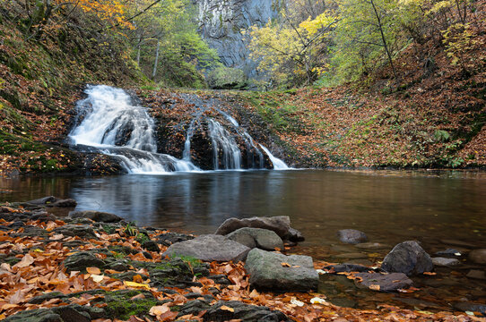 View of the Trachoni or Livaditis waterfall at the Rhodope mountains in Thrace, Greece