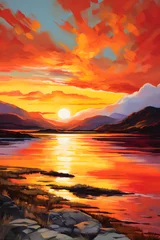 Foto auf Alu-Dibond Landscape Acrylic Painting Stock Photo - Brilliant Sunset Over Calm Waters and Mountain Silhouette © Garrett
