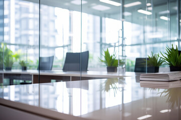 Bright interior of a business office with glass partitions in blurred bokeh background style. Shallow depth of field