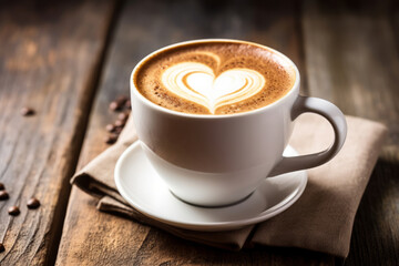 Fototapeta premium Close up of a cappuccino cup with latte art heart, on a wooden table. Shallow depth of field
