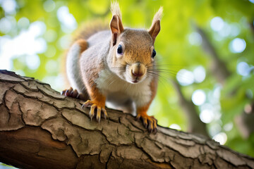 Fototapeta premium Close up of a curious squirrel perched on a tree branch. Shallow depth of field