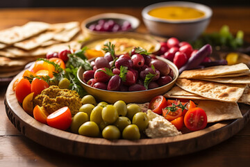 A Mediterranean-inspired mezze platter filled with colorful olives, tomatoes, hummus, falafel, and pita bread