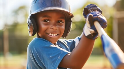a young boy wearing a baseball helmet and holding a bat in his hand and smiling - obrazy, fototapety, plakaty