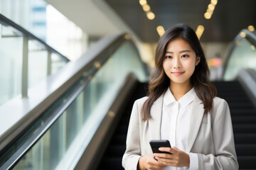 A young beautiful asian woman use smartphone, against a modern office hall with an escalator in blur. Shallow depth of field