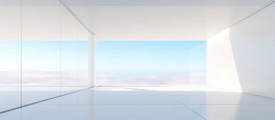 An empty room featuring white walls and a clear view of the sky through large windows. The minimalist design includes a gradient color smooth wire interior with a modern architectural feel.