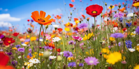A vibrant blooming wildflowers in the field, as colorful background. Shallow depth of field