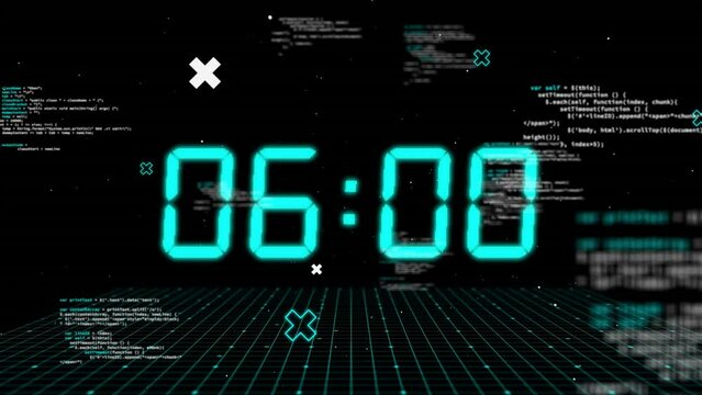 Animation of blue digital clock timer changing over data processing on black background