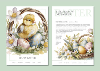 Easter or Spring, Watercolor Posters, Menu or Invitation card for Print. Editable vector files with Alluring Watercolor Objects, A Romantic and soft Feeling.