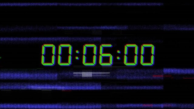 Animation of blue digital clock timer changing over blue light trails on black background