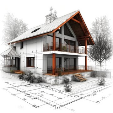 a 3D model of a country house on a paper project. The concept of the project implementation from a clean slate to a completed finished house. A turnkey project.
