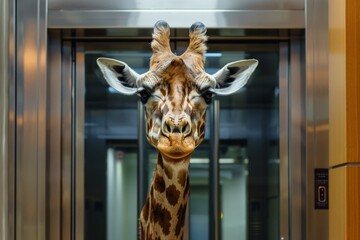 A giraffe is poking its head out of an elevator, showcasing its long neck and curious expression in an unexpected urban setting.
