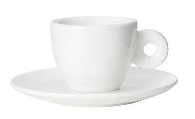 Mockup coffee cup. Closeup single set clean white ceramic coffee cup with handle and saucer for...