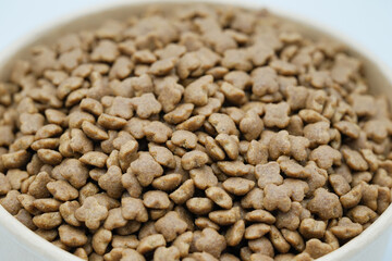 Close up of dry pet food in a white bowl, dog and cat food background. Selective focus concept.