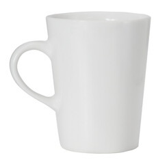 Blank White ceramic mug side view Isolated on a white for hot coffee mug or tea template design.