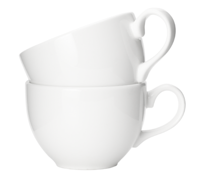 Closeup pile of clean shiny ceramic Coffee cups in a stack isolated clipping path on white background.