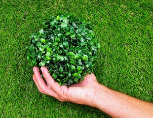 Naklejka na ściany i meble Human hand holding green world. Ecology. Ecosystem.