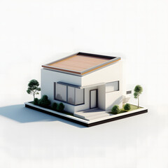 small scale model of a modern house. The house has a simple architectural design with white walls and a brown roof