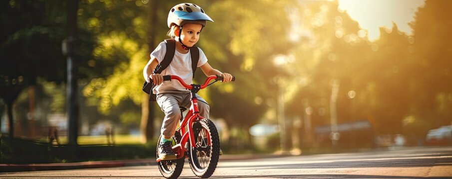 Cute child riding a bicycle and wearing safety helmet in amazing city park