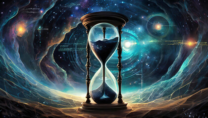 Illustration of an hourglass within an infinite universe  - 748807556