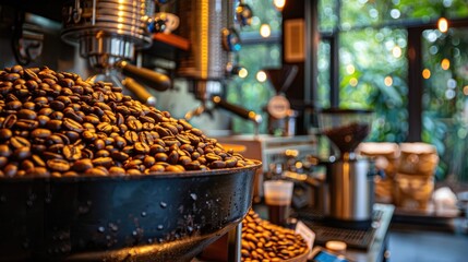 Fototapeta na wymiar Expertly roasting coffee, The Bustling Coffee Roastery. Generative Ai